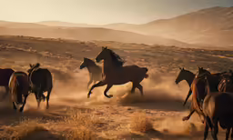 a group of horses running across the desert