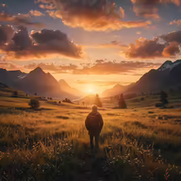 the sun is rising over a grassy field