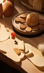 the snacks are arranged on the table next to the cup