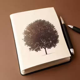an open notebook with a tree drawn on it