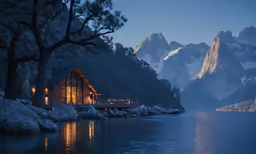 a small hut on a cliff overlooking a body of water at night