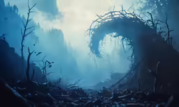 an open, spooky, vine - covered tree surrounded by twigs