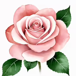 a pink rose with green leaves and buds