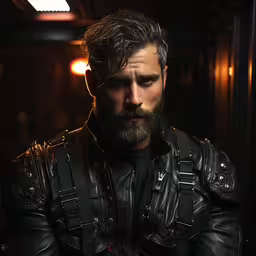 a man with a beard and leather jacket looking into the camera,an image of a man in leathers with his hands folded up