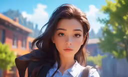 a young woman wearing a blue dress shirt, backpack and white shirt