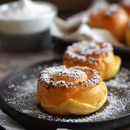 a plate with sugar coated donuts on it