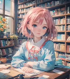 a doll sits at a desk in front of a book shelf filled with books