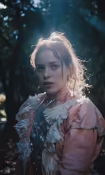 a young woman standing near a forest and trees