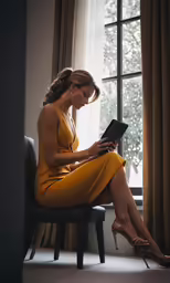 a woman in a yellow dress sits on a chair looking at an ipad