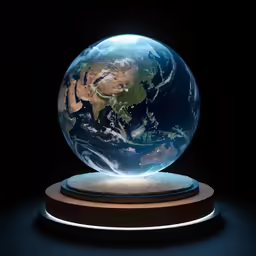an illuminated globe on a wooden base in the dark