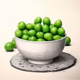 a white bowl filled with green apples on top of a cement plate