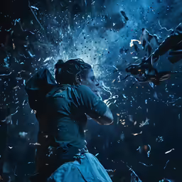 a woman in front of an exploding wall with raindrops