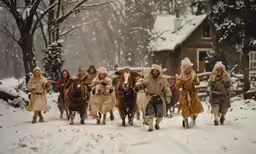 group of people riding horses through snow covered countryside