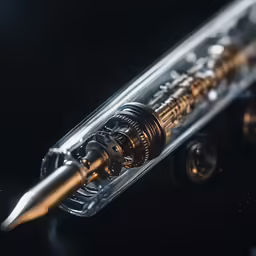 a pen on the back of a glass case