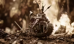 a toy motorcycle is on the ground by some rocks