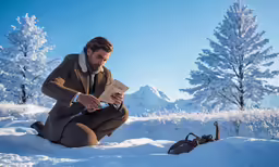 a man kneeling down reading in the snow with an open bag