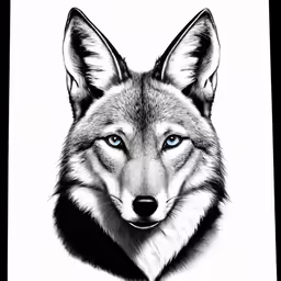 a wolf is shown with blue eyes and ears
