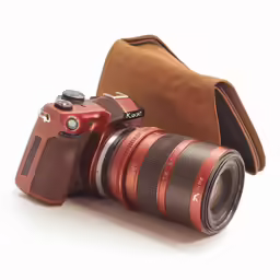 a camera, a brown bag and a brown leather purse