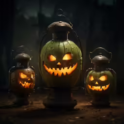 three jack o lanterns on a night time background