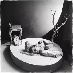 a baby is lying on a table with an antique clock