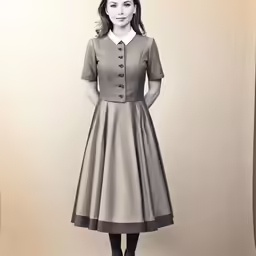 woman in dress with collared shirt and boots standing by window