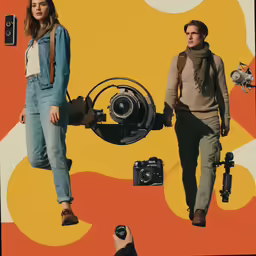 an art piece shows two people standing in front of a giant camera