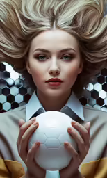 a beautiful woman holding a soccer ball in her hands