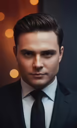 a man with a suit and tie standing in front of lights