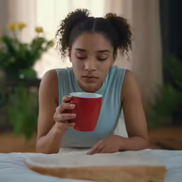 a young girl is drinking from a coffee cup