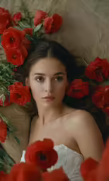 a woman laying in front of a bouquet of roses