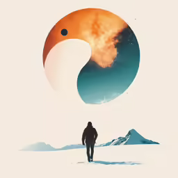 a man standing in front of a moon and mountains