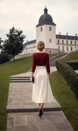 woman walking down the steps to the castle