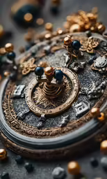 a close - up of a mechanical pocket watch surrounded by gold and silver balls