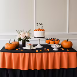 a table with cakes, decorated for halloween