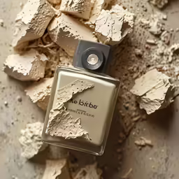 a bottle of cologne made with various shades of white clay and other debris