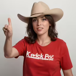 a woman is wearing a cowboy hat to show the finger sign