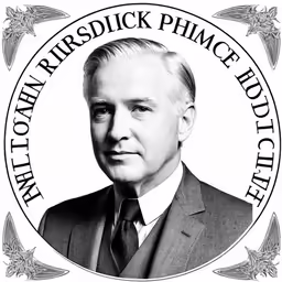 black and white photo of a man in suit with an emblem on the back