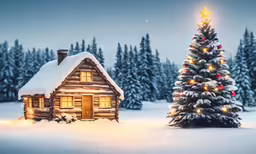 christmas scene with a cabin and tree in the snow
