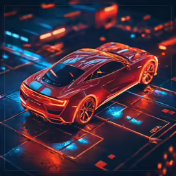 an orange toy car is on a tiled floor