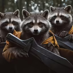 three raccoons are dressed as hunters and have a rifle