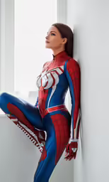 a woman dressed in spider man costume is leaning against a wall