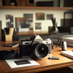 camera sitting on a desk with books and a laptop nearby