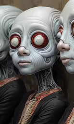 three identically clothed faces adorn the bust of a man