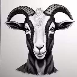 a goat with horns is looking at the camera