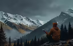 a person is sitting on a rock and looking at a cell phone in the mountains
