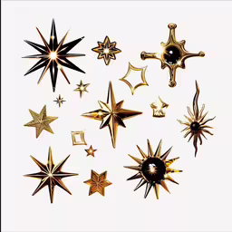 several stars are set in a black frame,a collection of various stars in gold on white background