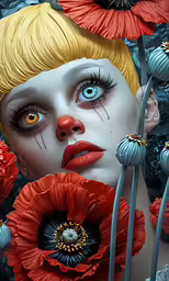 an image of a doll face with flowers