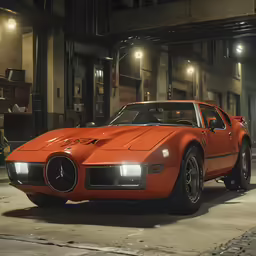 an orange sports car sitting in front of a building