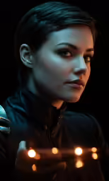 the woman is wearing dark clothing and has eyes open