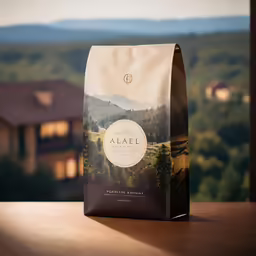 bag of coffee on wooden table in front of houses